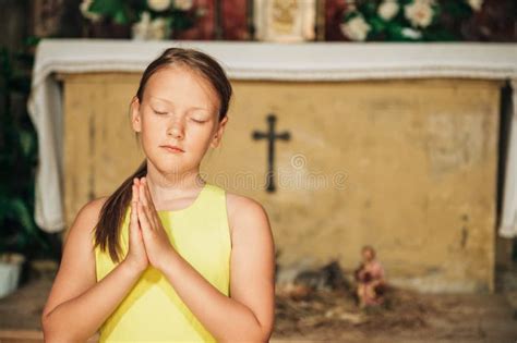 Cute Kid Girl Praying In Church Stock Photo Image Of Freedom Church