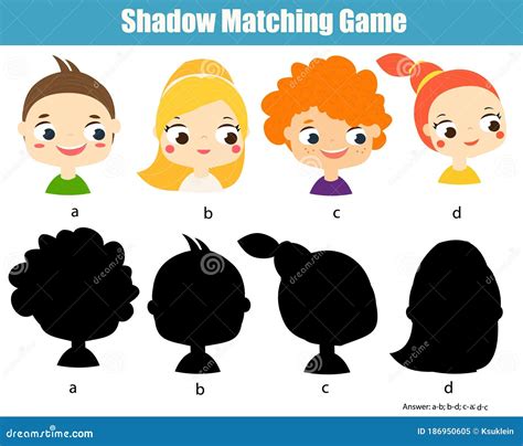 Shadow Matching Game Kids Activity With Cartoon Children Stock Vector