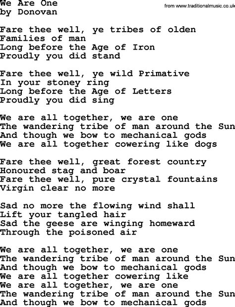 Donovan Leitch Song We Are One Lyrics