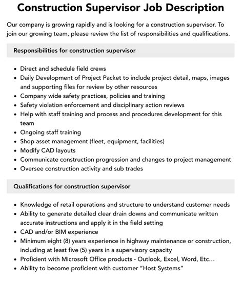 Construction Supervisor Job Description Velvet Jobs