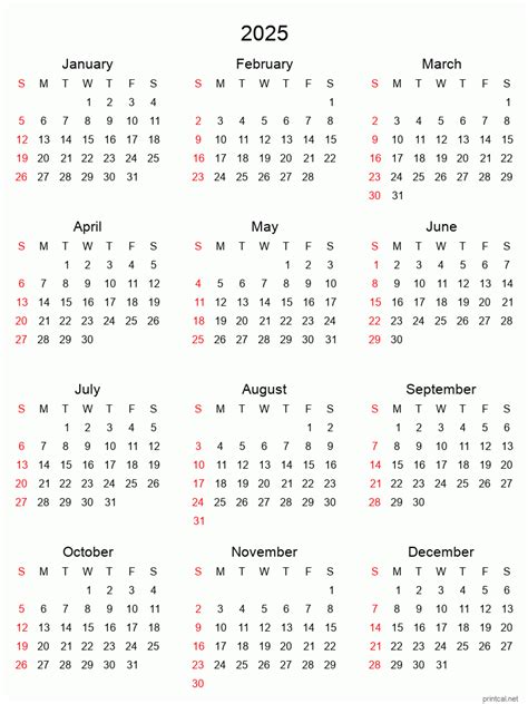 2025 Printable Calendar Yearly Calendar Tabular Style