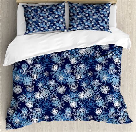 Winter Duvet Cover Set Various Different Ornate Snowflakes Blizzard