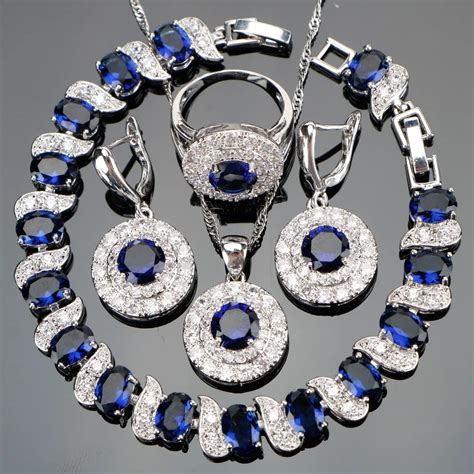 Blue Zircon Bridal Silver Jewelry Sets Women Pendant Necklace Ring