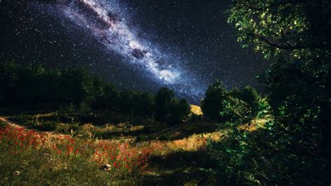 Starry Night Sky Wallpaper ~ Moon Sky Hills Starry Landscape Wallpapers