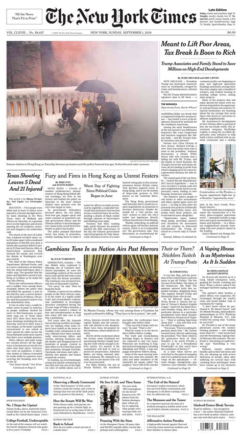 The New York Times 1 Sept 2019 New York Times Newspaper Front Pages