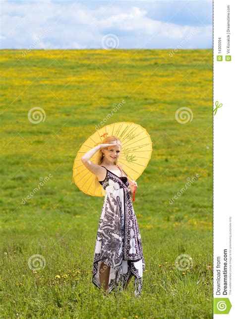 Standing Girl With Parasol Sky Stock Photo Image Of Summer