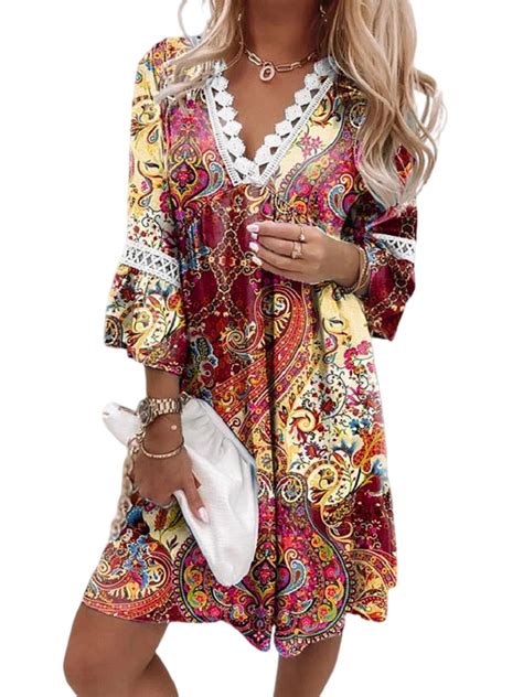 Lumento Women Bohomian Holiday Sundress Casual Floral Print Dresses Loose T Shirt Dress