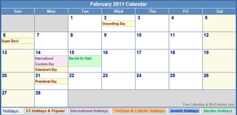 February 2011 Calendar With Holidays As Picture