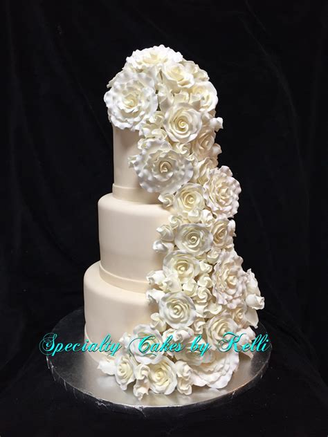 3 Tier Ivory Wedding Cake With Cascading Gum Paste Roses Ivory