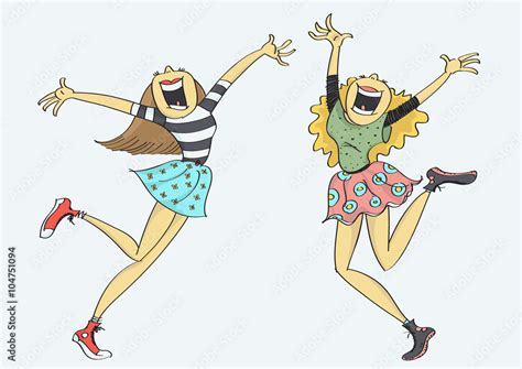 Funny Cartoon Of Two Wacky Cute Stylish Girls Jumping And Laughing