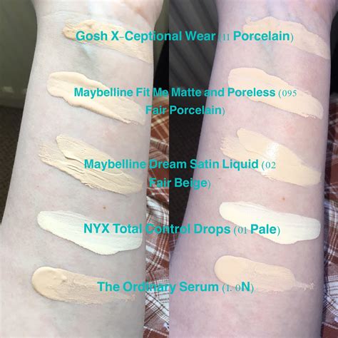 Pale Foundation Swatches Comparing Maybelline Fit Me Matte Poreless
