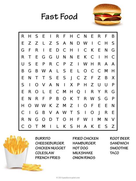 Free Printable Fast Food Word Search | Food words, Word puzzles for