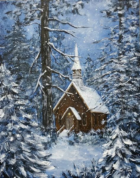 Acrylic Chapel In The Snow Winter Scene Paintings Winter Landscape