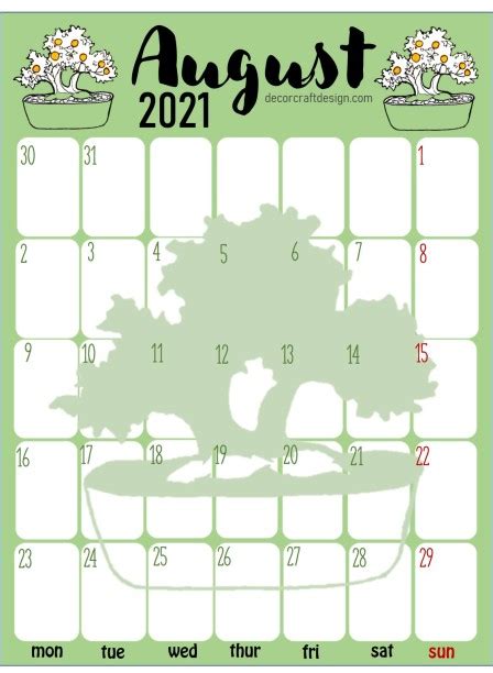 Free Printable August 2021 Calendar Decor Craft Design