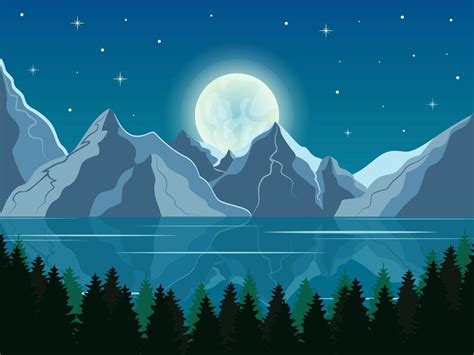 Full Moon And Mountains Night Landscape Vector Illustration With Lake