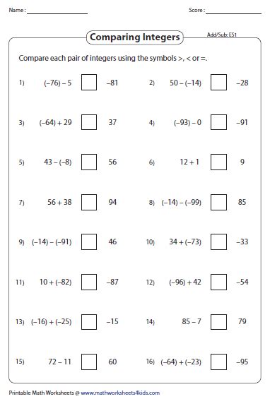 Operations Of Integers Worksheets