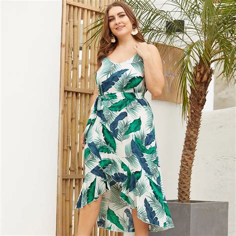 Plus Size Summer Dress Bohemian V Neck Spaghetti Strap Floral Print Beach Dresses With Belt