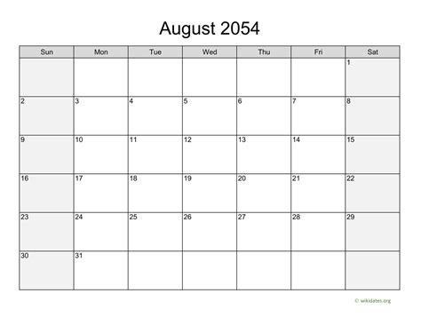 August 2054 Calendar With Weekend Shaded