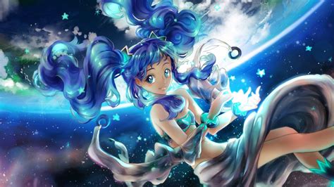 Desktop Wallpaper Moon Light Blue Hair Anime Girl Dive Artwork Hd Image Picture