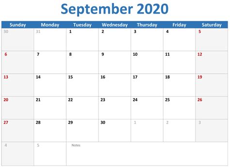 Blank Calendar 2020 September Printable Paper Sheets One Platform For