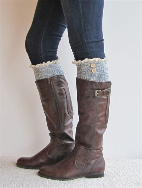 Women Cute Boot Socks Knit Blue Ivory W Cream By Myfifidesigns