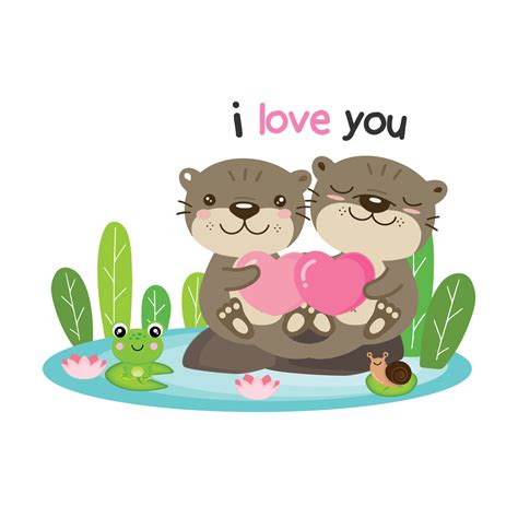 cute couple otters holding hearts for valentines day 5309996 vector art at vecteezy