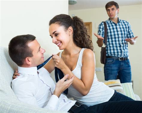 Man Seeing Girlfriend Cheating On Him Stock Image Image Of Domestic