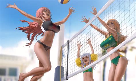 Rule 34 3girls Beach Beach Volleyball Big Breasts Breasts Closed Eyes