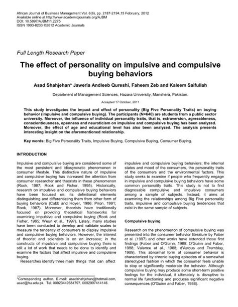 The Effect Of Personality On Impulsive And Compulsive Buying