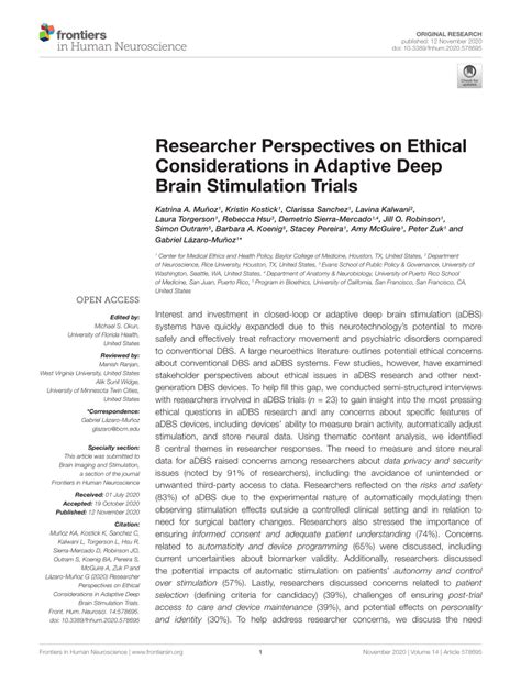 Pdf Researcher Perspectives On Ethical Considerations In Adaptive Deep Brain Stimulation Trials