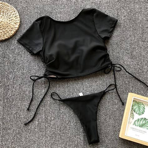 Thong Bikinis Mujer Short Sleeve Swimsuit Female Bather Sexy Crop