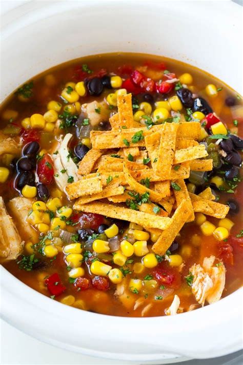 Quick and easy green chile chicken. A slow cooker of chicken tortilla soup topped with ...
