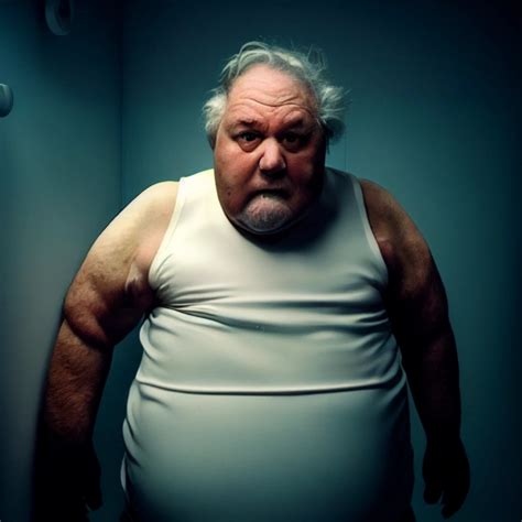 imagine sad old fat man wearing white tank top and midjourney openart