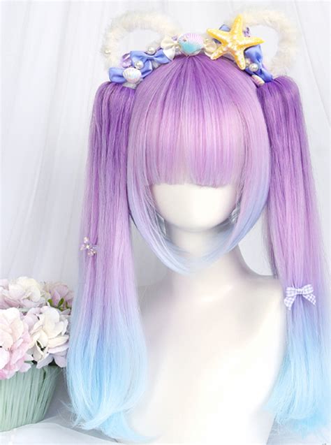 Dreamy Gradient Blue Purple Long Slightly Curly Double Ponytail Wig