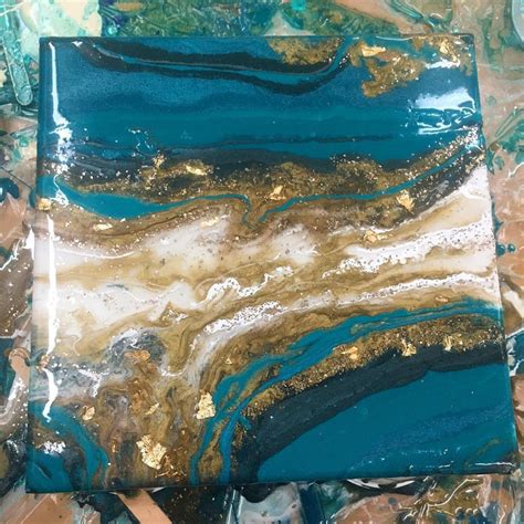 Turquoise And Gold Geode 10x10 With 24k Gold Flakes Resin And