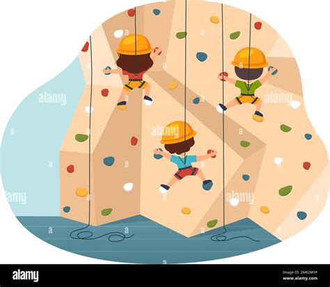 Cliff Climbing Illustration With Kids Climber Climb Rock Wall Or