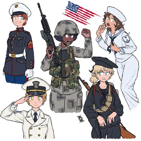 Safebooru 5girls Absurdres America American Flag Assault Rifle Bandolier Black Hair Blonde