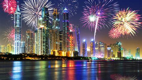 Uae Dubai Beautiful Night Waterfront Skyscrapers Lights Fireworks
