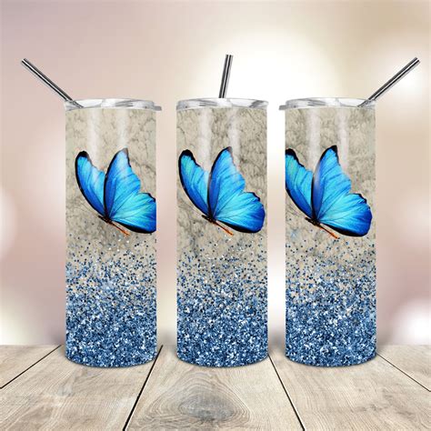 20 Oz Skinny Tumbler Blue Butterflies Wrap Tapered Straight Etsy