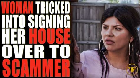 A Woman Is Standing In Front Of A Sign That Says Woman Tricked Into Signing Her House Over To