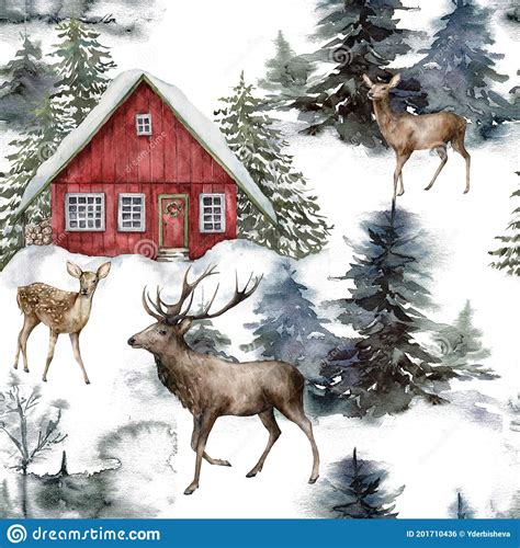 Watercolor Christmas Seamless Pattern With Red House And Deers In