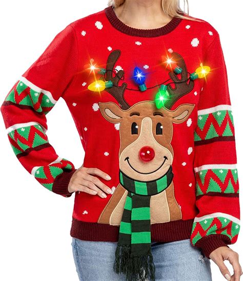 joyin womens led light up reindeer ugly christmas sweater built in light bulbs medium red
