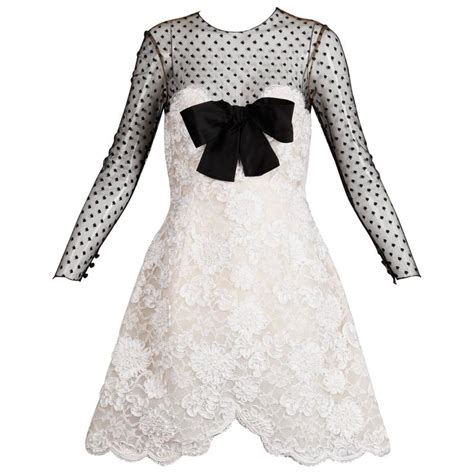 Bill Blass Vintage Black Mesh White Lace Cocktail Dress With Silk Bow