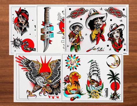 American Traditional Tattoo Flash Prints Set Of 5 Etsy