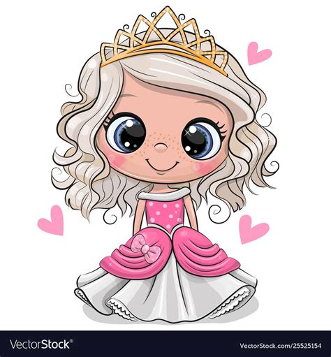 cute cartoon little princess in a pink dress with hearts isolated on a white background