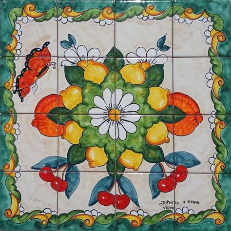 Fruits And Country Flowers Mosaic Of Decorated Tiles