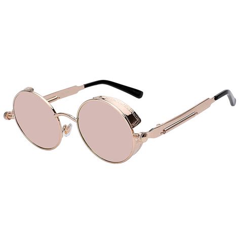 060 c3 steampunk gothic sunglasses metal round circle gold frame pink rose mirror lens one pair