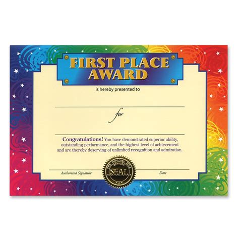 First Place Award Certificate Beistle Party Supplies Award