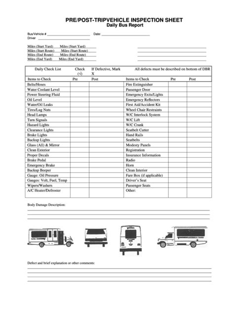 daily bus prepost trip vehicle inspection sheet printable