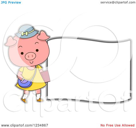 Clipart Of A Cute Female Pig Standing By A Sign Royalty